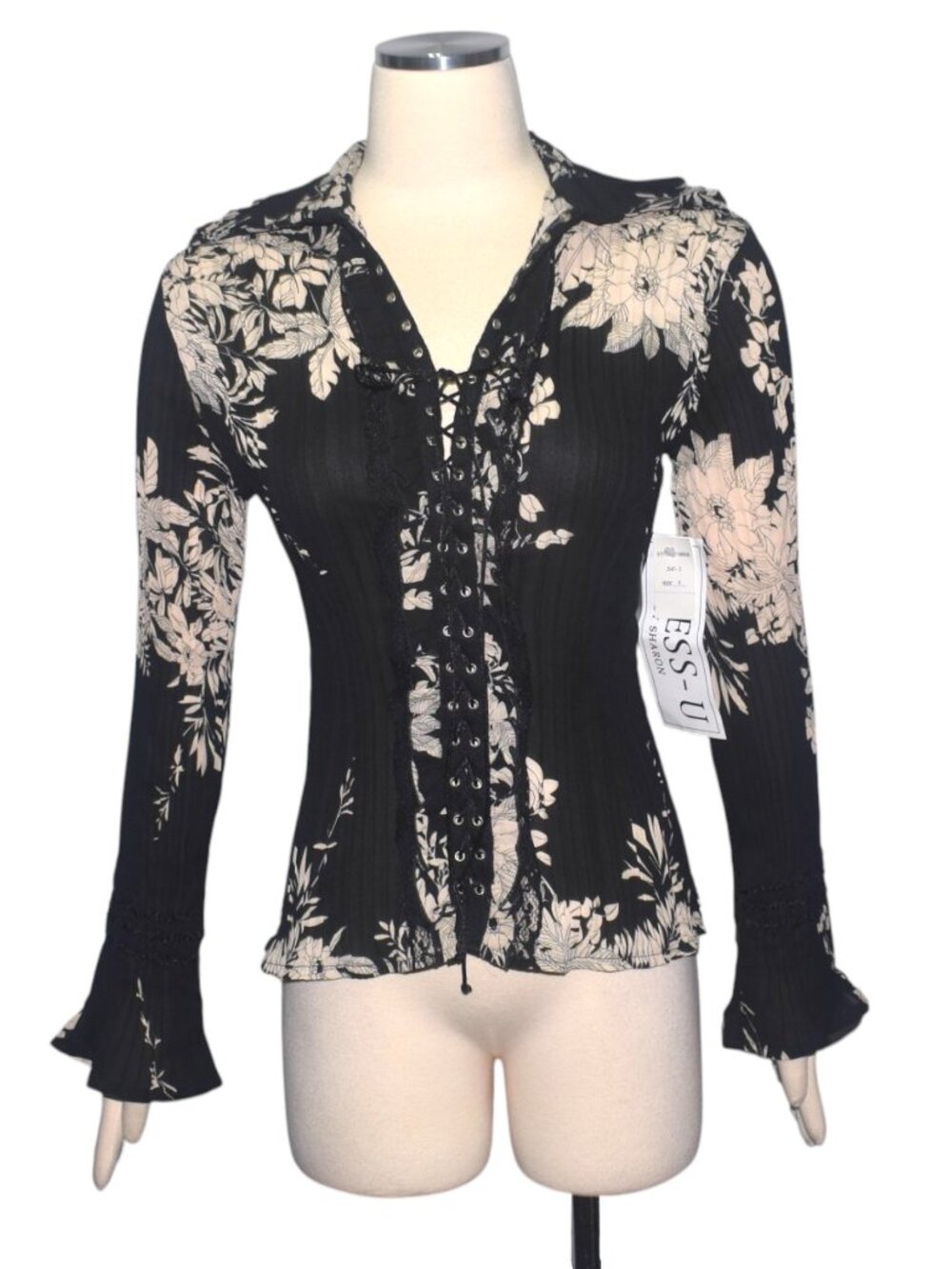 Vintage Y2K Dress-U by Sharon Black Ivory Floral Lace-Up Bell Sleeve Top S